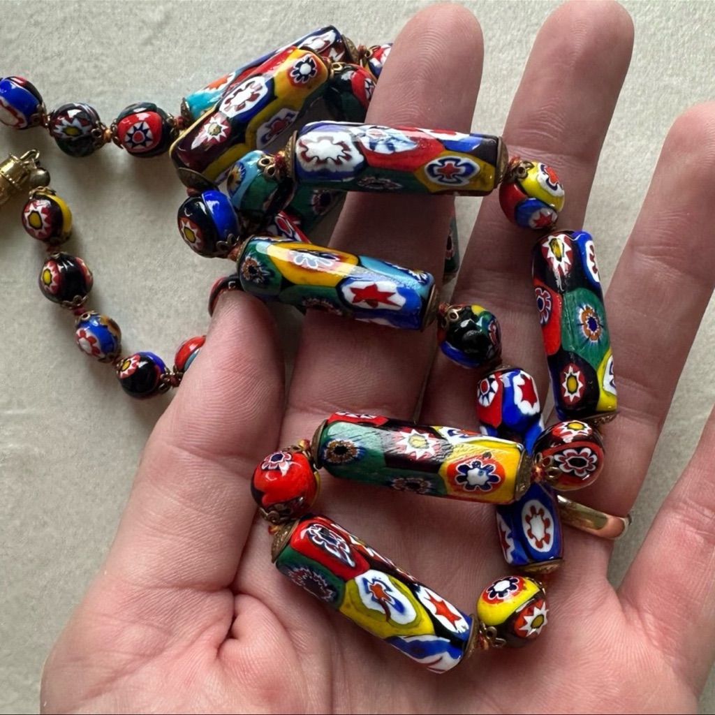 Antique Glass Millefiori Hand-Knotted Bead Necklace 149$